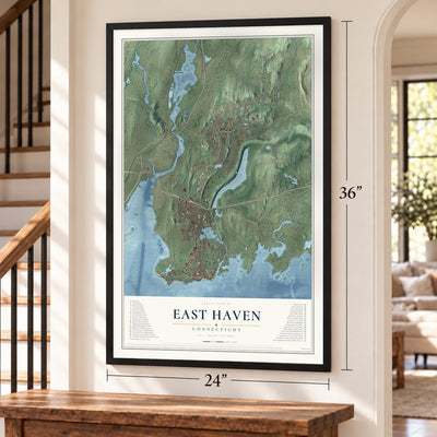 East Haven, Connecticut map, 24 x 36 inch print in a black frame by a staircase