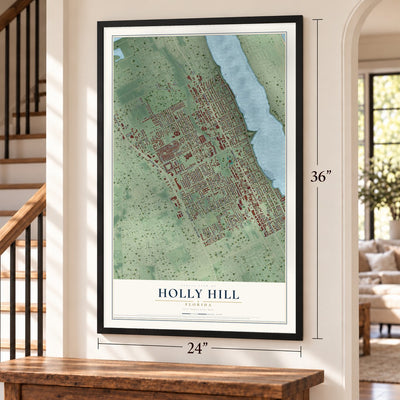 Holly Hill, Florida map, 24 x 36 inch print in a black frame by a staircase