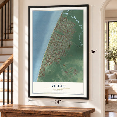 Villas, New Jersey map, 24 x 36 inch print in a black frame by a staircase
