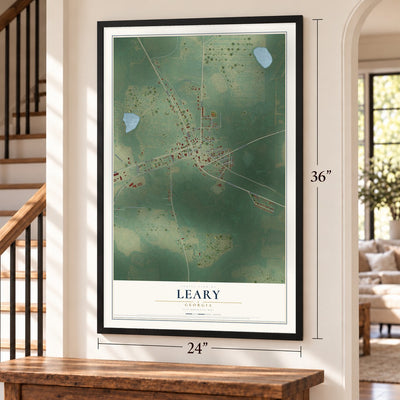 Leary, Georgia map, 24 x 36 inch print in a black frame by a staircase