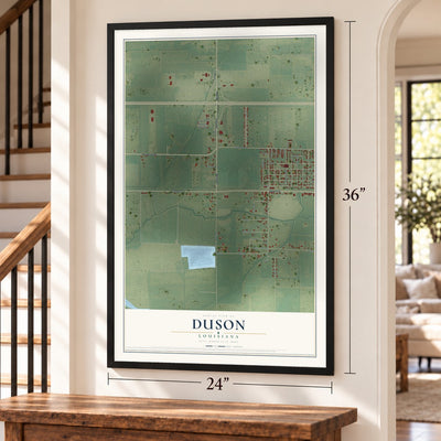 Duson, Louisiana map, 24 x 36 inch print in a black frame by a staircase