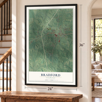Bradford, Tennessee map, 24 x 36 inch print in a black frame by a staircase