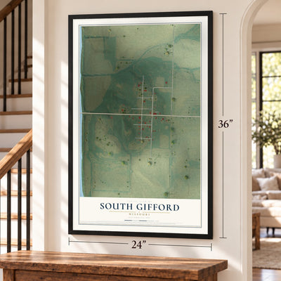 South Gifford, Missouri map, 24 x 36 inch print in a black frame by a staircase