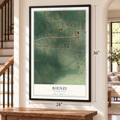 Rienzi, Mississippi map, 24 x 36 inch print in a black frame by a staircase