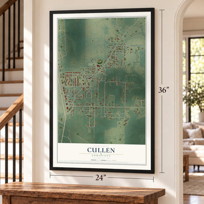 Cullen, Louisiana map, 24 x 36 inch print in a black frame by a staircase