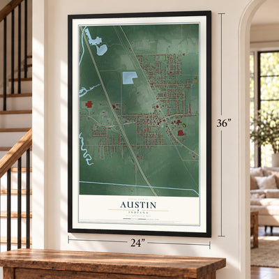 Austin, Indiana map, 24 x 36 inch print in a black frame by a staircase
