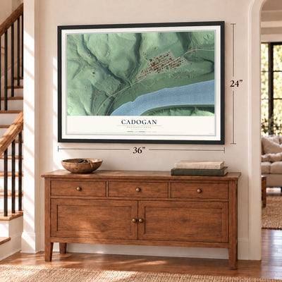 Cadogan, Pennsylvania map, 24 x 36 inch print in a black frame above a dresser by a staircase