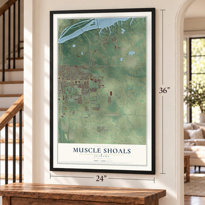Muscle Shoals, Alabama map, 24 x 36 inch print in a black frame by a staircase