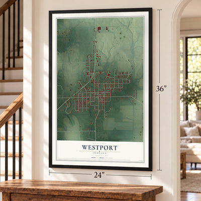 Westport, Indiana map, 24 x 36 inch print in a black frame by a staircase
