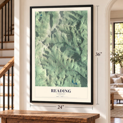 Reading, Vermont map, 24 x 36 inch print in a black frame by a staircase