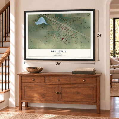Bellevue, Texas map, 24 x 36 inch print in a black frame above a dresser by a staircase