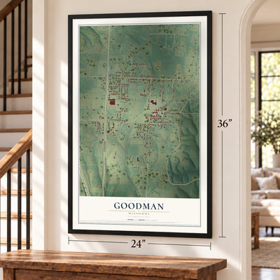 Goodman, Missouri map, 24 x 36 inch print in a black frame by a staircase