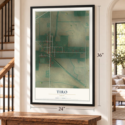 Tiro, Ohio map, 24 x 36 inch print in a black frame by a staircase