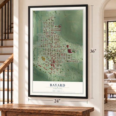 Bayard, Nebraska map, 24 x 36 inch print in a black frame by a staircase