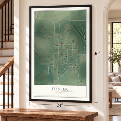 Foster, Missouri map, 24 x 36 inch print in a black frame by a staircase