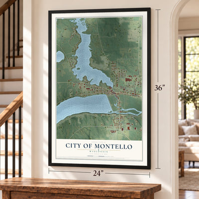 Montello, Wisconsin map, 24 x 36 inch print in a black frame by a staircase