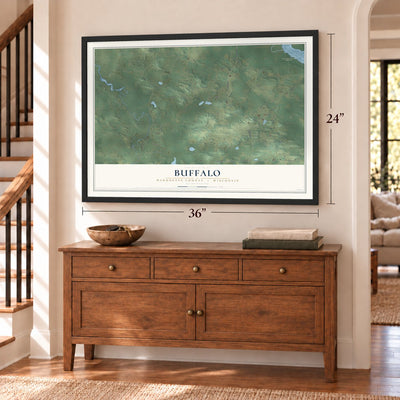 Buffalo, Marquette County, Wisconsin map, 24 x 36 inch print in a black frame above a dresser by a staircase