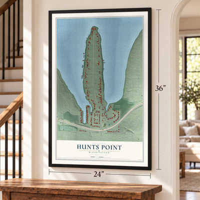 Hunts Point, Washington map, 24 x 36 inch print in a black frame by a staircase