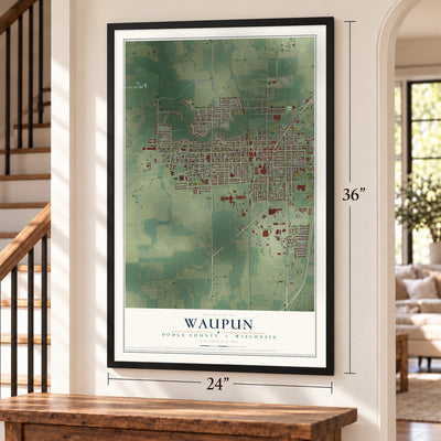 Waupun, Dodge County, Wisconsin map, 24 x 36 inch print in a black frame by a staircase