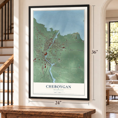 Cheboygan, Michigan map, 24 x 36 inch print in a black frame by a staircase