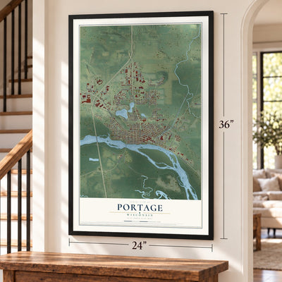 Portage, Wisconsin map, 24 x 36 inch print in a black frame by a staircase