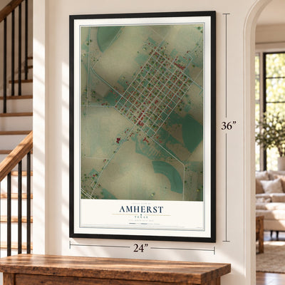 Amherst, Texas map, 24 x 36 inch print in a black frame by a staircase