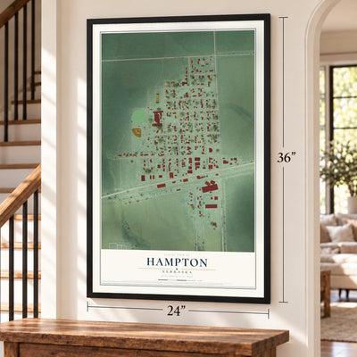 Hampton, Nebraska map, 24 x 36 inch print in a black frame by a staircase