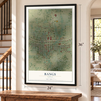 Bangs, Texas map, 24 x 36 inch print in a black frame by a staircase