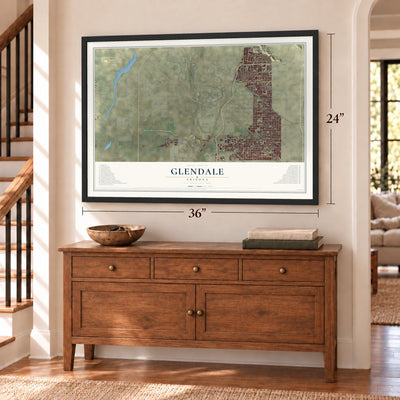 Glendale, Arizona map, 24 x 36 inch print in a black frame above a dresser by a staircase