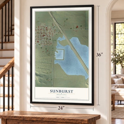 Sunburst, Montana map, 24 x 36 inch print in a black frame by a staircase