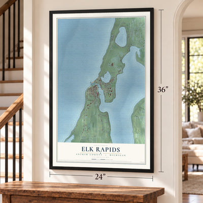 Elk Rapids, Antrim County, Michigan map, 24 x 36 inch print in a black frame by a staircase