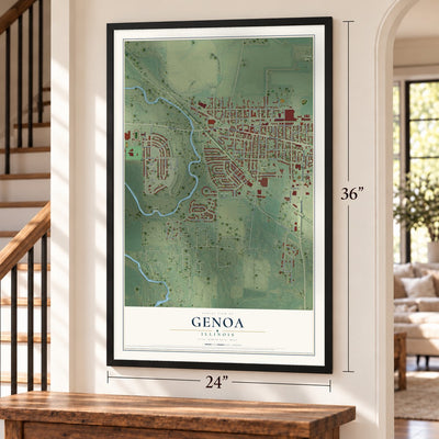 Genoa, Illinois map, 24 x 36 inch print in a black frame by a staircase