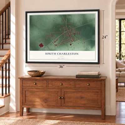 South Charleston, Ohio map, 24 x 36 inch print in a black frame above a dresser by a staircase