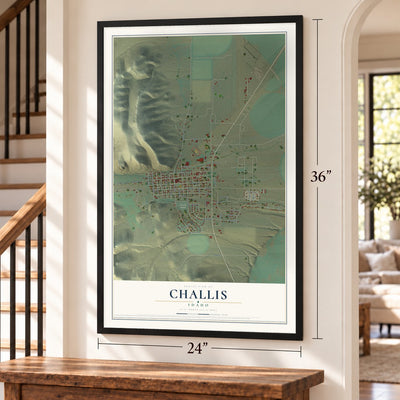 Challis, Idaho map, 24 x 36 inch print in a black frame by a staircase