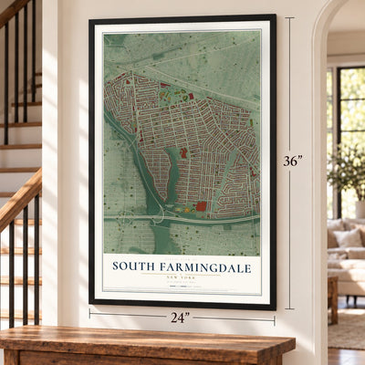 South Farmingdale, New York map, 24 x 36 inch print in a black frame by a staircase
