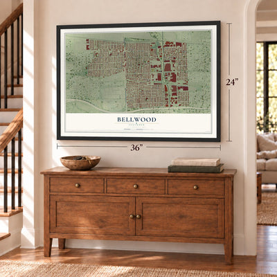 Bellwood, Illinois map, 24 x 36 inch print in a black frame above a dresser by a staircase