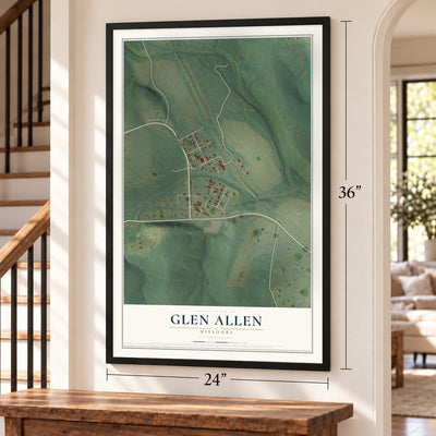 Glen Allen, Missouri map, 24 x 36 inch print in a black frame by a staircase