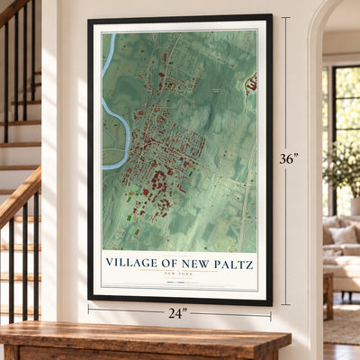 Village of New Paltz, New York map, 24 x 36 inch print in a black frame by a staircase