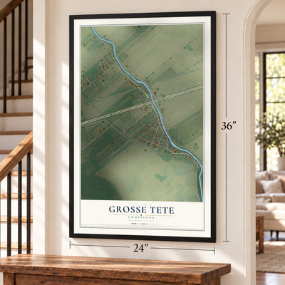 Grosse Tete, Louisiana map, 24 x 36 inch print in a black frame by a staircase
