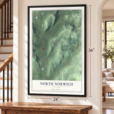 North Norwich, New York map, 24 x 36 inch print in a black frame by a staircase
