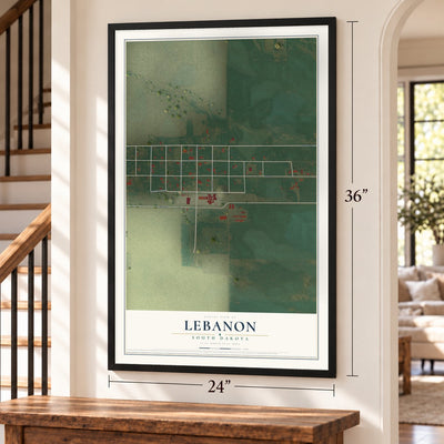 Lebanon, South Dakota map, 24 x 36 inch print in a black frame by a staircase
