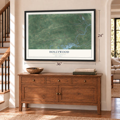 Hollywood, South Carolina map, 24 x 36 inch print in a black frame above a dresser by a staircase