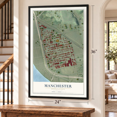 Manchester, Pennsylvania map, 24 x 36 inch print in a black frame by a staircase