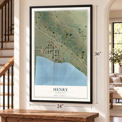 Henry, Nebraska map, 24 x 36 inch print in a black frame by a staircase