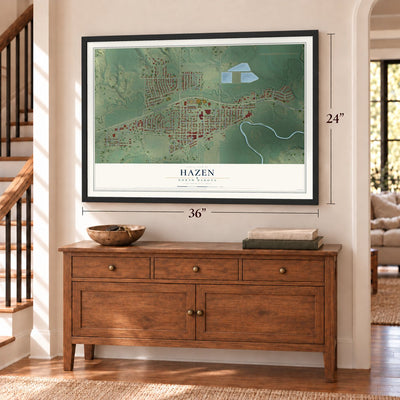 Hazen, North Dakota map, 24 x 36 inch print in a black frame above a dresser by a staircase