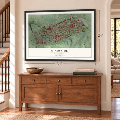 Shadyside, Pennsylvania map, 24 x 36 inch print in a black frame above a dresser by a staircase