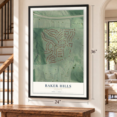 Baker Hills, Georgia map, 24 x 36 inch print in a black frame by a staircase