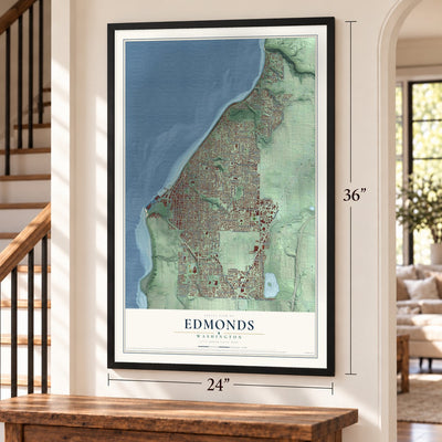 Edmonds, Washington map, 24 x 36 inch print in a black frame by a staircase