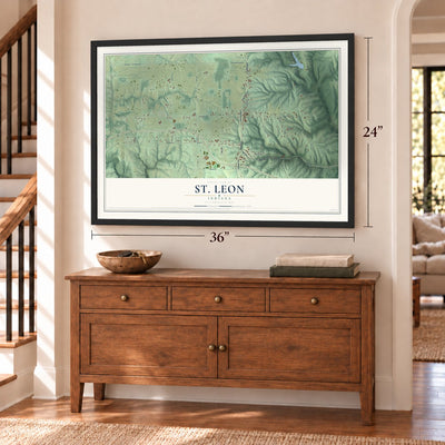 St. Leon, Indiana map, 24 x 36 inch print in a black frame above a dresser by a staircase