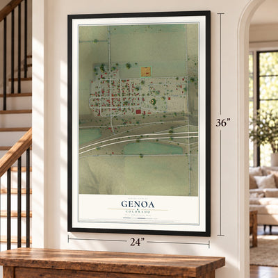 Genoa, Colorado map, 24 x 36 inch print in a black frame by a staircase